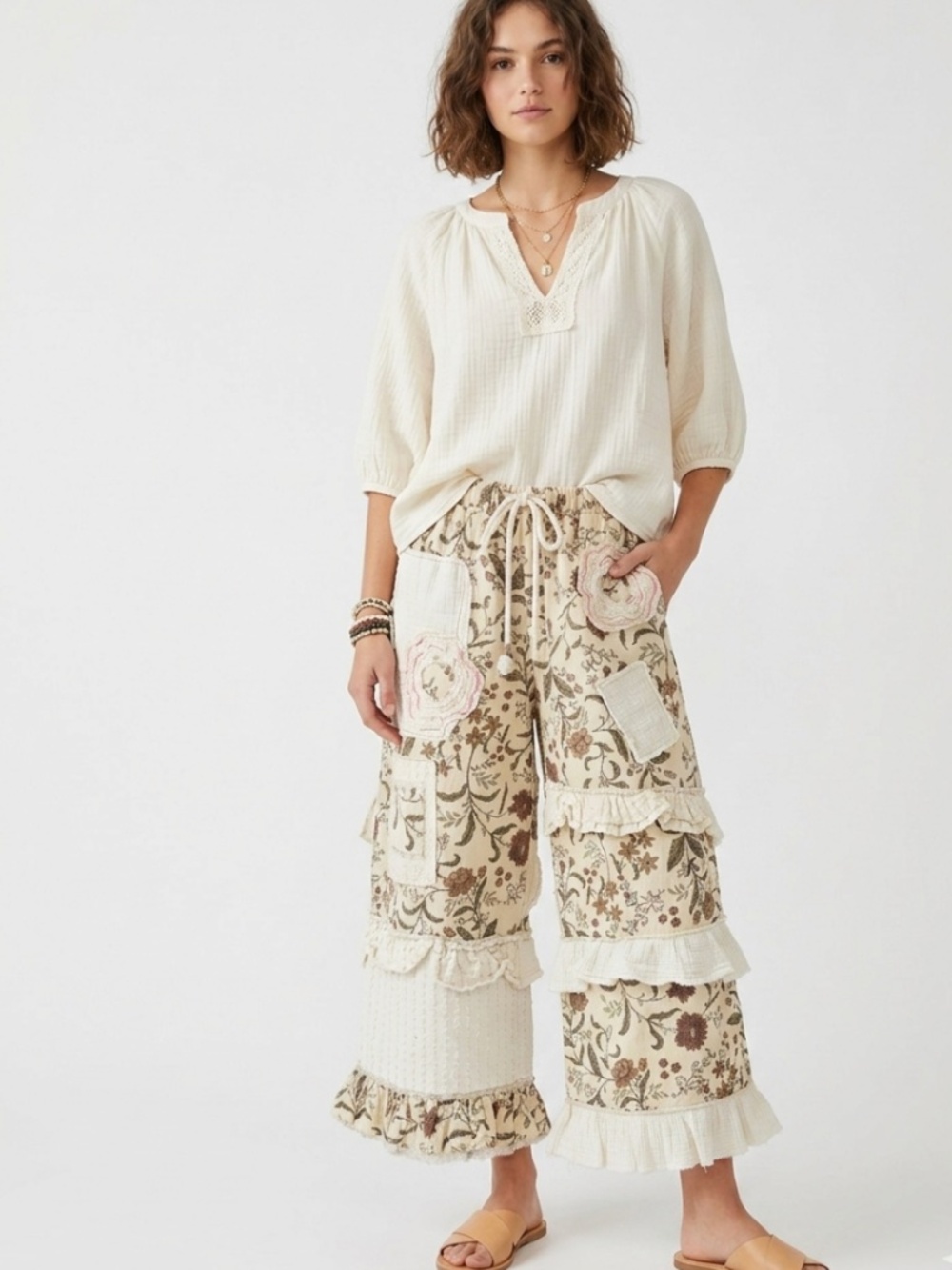 POL Woven Patchwork Floral Wide Leg Boho Cotton Pants Natural Cream Size Small